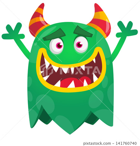 Cartoon cute and funny monster creature character design with scary horns and face expression waving hands . Vector illustration. For Halloween party decoration or package design Cartoon cute and funny monster creature character design with scary horns and face expression waving hands . Vector illustration. For Halloween party decoration or package design 141760740