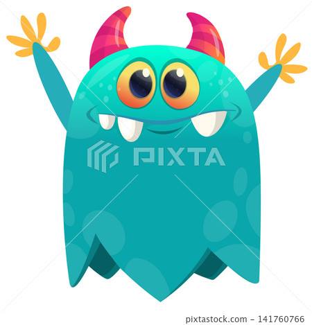 Cartoon cute and funny monster creature character design with scary horns and face expression waving hands . Vector illustration. For Halloween party decoration or package design Cartoon cute and funny monster creature character design with scary horns and face expression waving hands . Vector illustration. For Halloween party decoration or package design 141760766