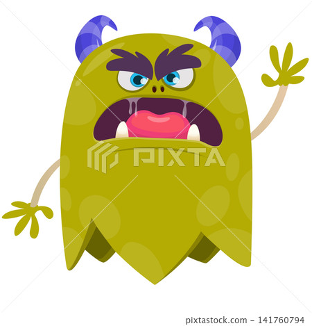 Cartoon cute and funny monster creature character design with scary horns and face expression waving hands . Vector illustration. For Halloween party decoration or package design Cartoon cute and funny monster creature character design with scary horns and face expression waving hands . Vector illustration. For Halloween party decoration or package design 141760794