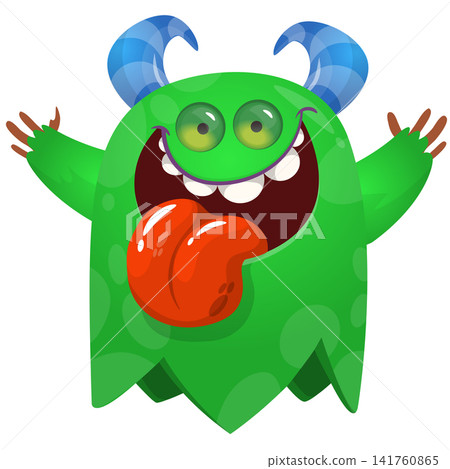 Cartoon cute and funny monster creature character design with scary horns and face expression waving hands . Vector illustration. For Halloween party decoration or package design Cartoon cute and funny monster creature character design with scary horns and face expression waving hands . Vector illustration. For Halloween party decoration or package design 141760865
