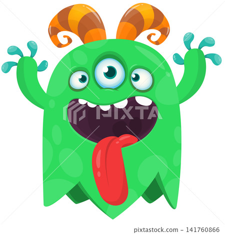 Cartoon cute and funny monster creature character design with scary horns and face expression waving hands . Vector illustration. For Halloween party decoration or package design Cartoon cute and funny monster creature character design with scary horns and face expression waving hands . Vector illustration. For Halloween party decoration or package design 141760866