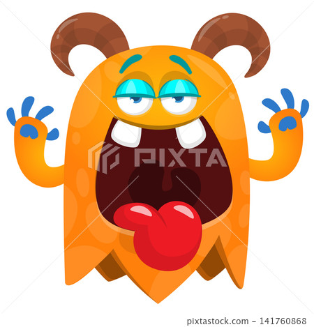 Cartoon cute and funny monster creature character design with scary horns and face expression waving hands . Vector illustration. For Halloween party decoration or package design Cartoon cute and funny monster creature character design with scary horns and face expression waving hands . Vector illustration. For Halloween party decoration or package design 141760868