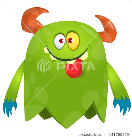 Cartoon cute and funny monster creature character design with scary horns and face expression waving hands . Vector illustration. For Halloween party decoration or package design Cartoon cute and funny monster creature character design with scary horns and face expression waving hands . Vector illustration. For Halloween party decoration or package design 141760869