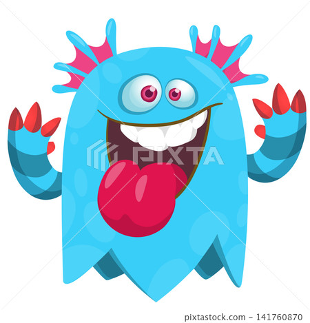 Cartoon cute and funny monster creature character design with scary horns and face expression waving hands . Vector illustration. For Halloween party decoration or package design Cartoon cute and funny monster creature character design with scary horns and face expression waving hands . Vector illustration. For Halloween party decoration or package design 141760870
