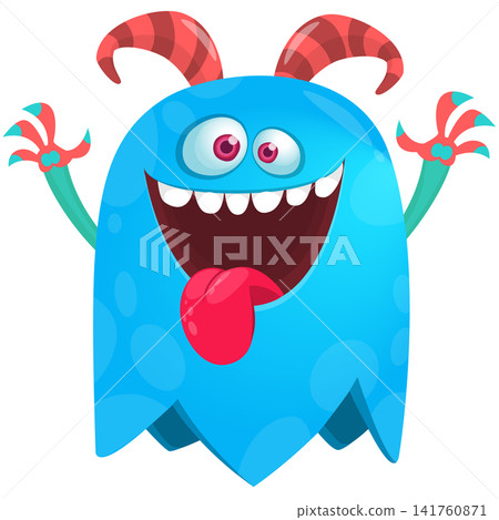 Cartoon cute and funny monster creature character design with scary horns and face expression waving hands . Vector illustration. For Halloween party decoration or package design Cartoon cute and funny monster creature character design with scary horns and face expression waving hands . Vector illustration. For Halloween party decoration or package design 141760871