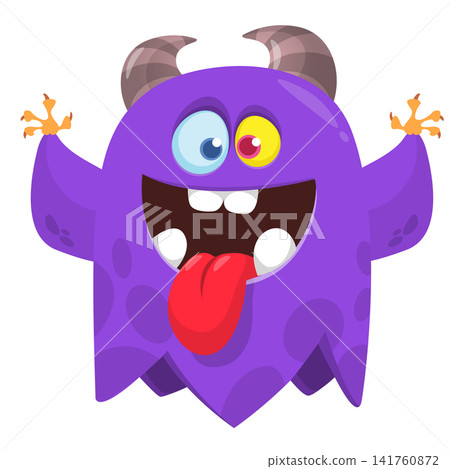 Cartoon cute and funny monster creature character design with scary horns and face expression waving hands . Vector illustration. For Halloween party decoration or package design Cartoon cute and funny monster creature character design with scary horns and face expression waving hands . Vector illustration. For Halloween party decoration or package design 141760872