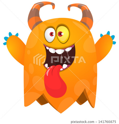 Cartoon cute and funny monster creature character design with scary horns and face expression waving hands . Vector illustration. For Halloween party decoration or package design Cartoon cute and funny monster creature character design with scary horns and face expression waving hands . Vector illustration. For Halloween party decoration or package design 141760875