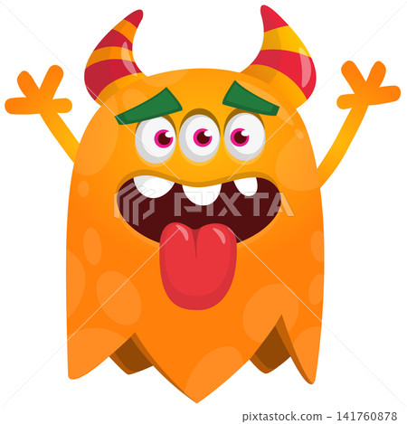 Cartoon cute and funny monster creature character design with scary horns and face expression waving hands . Vector illustration. For Halloween party decoration or package design Cartoon cute and funny monster creature character design with scary horns and face expression waving hands . Vector illustration. For Halloween party decoration or package design 141760878