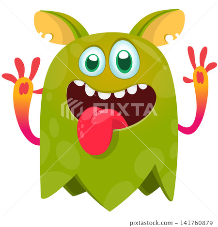 Cartoon cute and funny monster creature character design with scary horns and face expression waving hands . Vector illustration. For Halloween party decoration or package design Cartoon cute and funny monster creature character design with scary horns and face expression waving hands . Vector illustration. For Halloween party decoration or package design 141760879