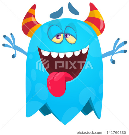 Cartoon cute and funny monster creature character design with scary horns and face expression waving hands . Vector illustration. For Halloween party decoration or package design Cartoon cute and funny monster creature character design with scary horns and face expression waving hands . Vector illustration. For Halloween party decoration or package design 141760880