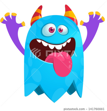 Cartoon cute and funny monster creature character design with scary horns and face expression waving hands . Vector illustration. For Halloween party decoration or package design Cartoon cute and funny monster creature character design with scary horns and face expression waving hands . Vector illustration. For Halloween party decoration or package design 141760881