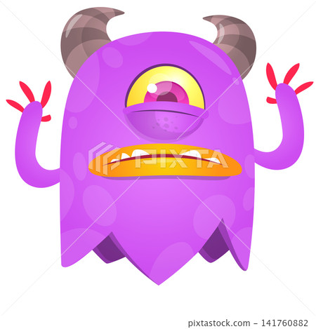 Cartoon cute and funny monster creature character design with scary horns and face expression waving hands . Vector illustration. For Halloween party decoration or package design Cartoon cute and funny monster creature character design with scary horns and face expression waving hands . Vector illustration. For Halloween party decoration or package design 141760882
