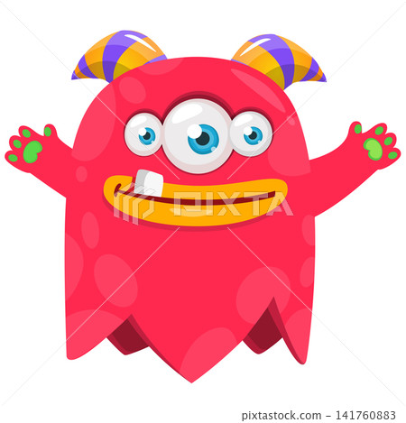 Cartoon cute and funny monster creature character design with scary horns and face expression waving hands . Vector illustration. For Halloween party decoration or package design Cartoon cute and funny monster creature character design with scary horns and face expression waving hands . Vector illustration. For Halloween party decoration or package design 141760883
