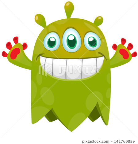 Cartoon cute and funny monster creature character design with scary horns and face expression waving hands . Vector illustration. For Halloween party decoration or package design Cartoon cute and funny monster creature character design with scary horns and face expression waving hands . Vector illustration. For Halloween party decoration or package design 141760889