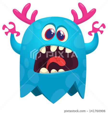 Cartoon cute and funny monster creature character design with scary horns and face expression waving hands . Vector illustration. For Halloween party decoration or package design 141760906