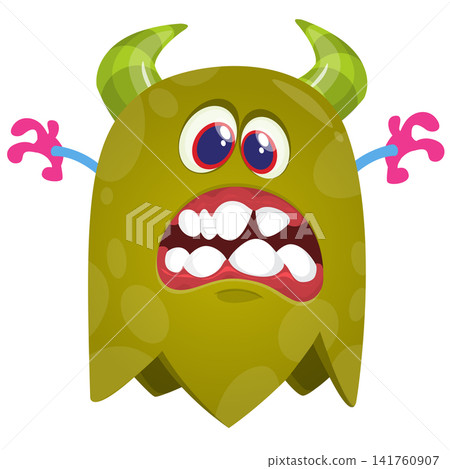 Cartoon cute and funny monster creature character design with scary horns and face expression waving hands . Vector illustration. For Halloween party decoration or package design Cartoon cute and funny monster creature character design with scary horns and face expression waving hands . Vector illustration. For Halloween party decoration or package design 141760907