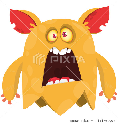 Cartoon cute and funny monster creature character design with scary horns and face expression waving hands . Vector illustration. For Halloween party decoration or package design Cartoon cute and funny monster creature character design with scary horns and face expression waving hands . Vector illustration. For Halloween party decoration or package design 141760908