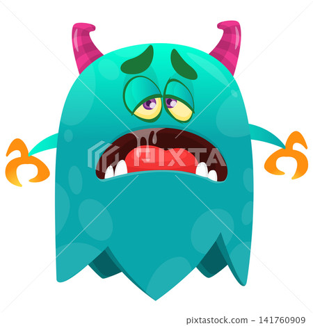 Cartoon cute and funny monster creature character design with scary horns and face expression waving hands . Vector illustration. For Halloween party decoration or package design 141760909