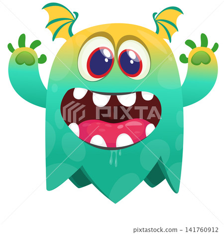 Cartoon cute and funny monster creature character design with scary horns and face expression waving hands . Vector illustration. For Halloween party decoration or package design Cartoon cute and funny monster creature character design with scary horns and face expression waving hands . Vector illustration. For Halloween party decoration or package design 141760912