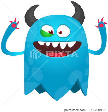 Cartoon cute and funny monster creature character design with scary horns and face expression waving hands . Vector illustration. For Halloween party decoration or package design Cartoon cute and funny monster creature character design with scary horns and face expression waving hands . Vector illustration. For Halloween party decoration or package design 141760935