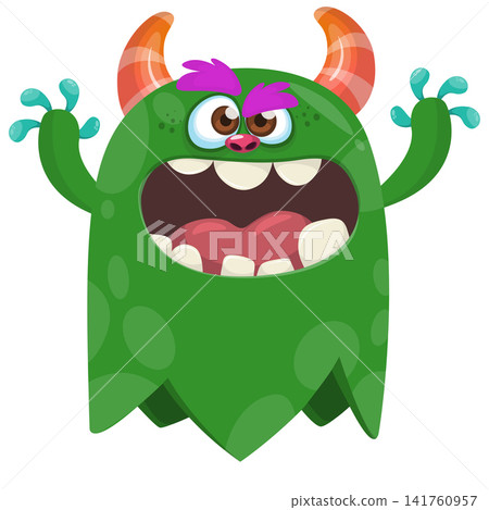 Cartoon cute and funny monster creature character design with scary horns and face expression waving hands . Vector illustration. For Halloween party decoration or package design Cartoon cute and funny monster creature character design with scary horns and face expression waving hands . Vector illustration. For Halloween party decoration or package design 141760957