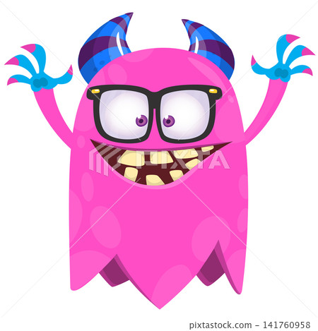 Cartoon cute and funny monster creature character design with scary horns and face expression waving hands . Vector illustration. For Halloween party decoration or package design Cartoon cute and funny monster creature character design with scary horns and face expression waving hands . Vector illustration. For Halloween party decoration or package design 141760958