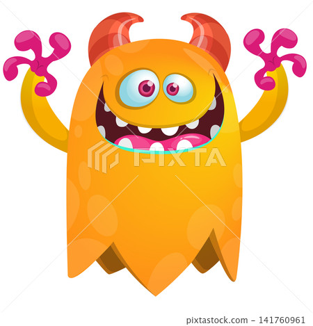 Cartoon cute and funny monster creature character design with scary horns and face expression waving hands . Vector illustration. For Halloween party decoration or package design Cartoon cute and funny monster creature character design with scary horns and face expression waving hands . Vector illustration. For Halloween party decoration or package design 141760961