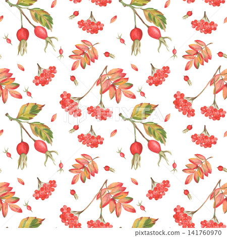 Small Watercolor Autumn Rose Hip and Rowan Seamless Pattern Small Watercolor Autumn Rose Hip and Rowan Seamless Pattern 141760970