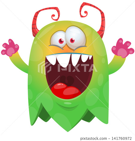 Cartoon cute and funny monster character design with scary face expression waving hands . Vector illustration. For Halloween party decoration or package design Cartoon cute and funny monster character design with scary face expression waving hands . Vector illustration. For Halloween party decoration or package design 141760972