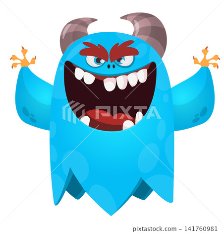 Cartoon cute and funny monster character design with scary face expression waving hands . Vector illustration. For Halloween party decoration or package design Cartoon cute and funny monster character design with scary face expression waving hands . Vector illustration. For Halloween party decoration or package design 141760981