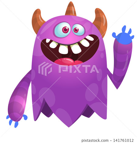 Cartoon cute and funny monster character design with scary face expression waving hands . Vector illustration. For Halloween party decoration or package design Cartoon cute and funny monster character design with scary face expression waving hands . Vector illustration. For Halloween party decoration or package design 141761012