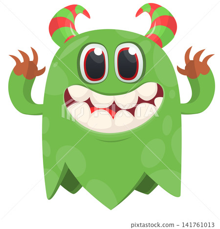 Cartoon cute and funny monster character design with scary face expression waving hands . Vector illustration. For Halloween party decoration or package design 141761013