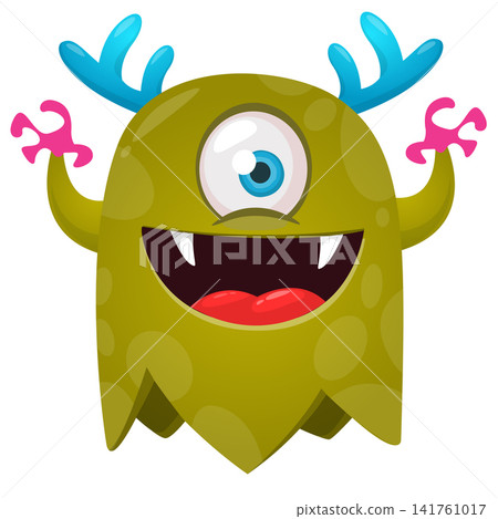 Cartoon cute and funny monster character design with scary face expression waving hands . Vector illustration. For Halloween party decoration or package design Cartoon cute and funny monster character design with scary face expression waving hands . Vector illustration. For Halloween party decoration or package design 141761017