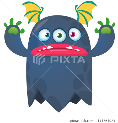 Cartoon cute and funny monster character design with scary face expression waving hands . Vector illustration. For Halloween party decoration or package design Cartoon cute and funny monster character design with scary face expression waving hands . Vector illustration. For Halloween party decoration or package design 141761023