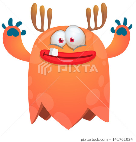 Cartoon cute and funny monster character design with scary face expression waving hands . Vector illustration. For Halloween party decoration or package design Cartoon cute and funny monster character design with scary face expression waving hands . Vector illustration. For Halloween party decoration or package design 141761024
