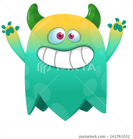 Cartoon cute and funny monster character design with scary face expression waving hands . Vector illustration. For Halloween party decoration or package design Cartoon cute and funny monster character design with scary face expression waving hands . Vector illustration. For Halloween party decoration or package design 141761032