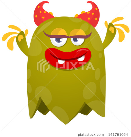 Cartoon cute and funny monster character design with scary face expression waving hands . Vector illustration. For Halloween party decoration or package design Cartoon cute and funny monster character design with scary face expression waving hands . Vector illustration. For Halloween party decoration or package design 141761034