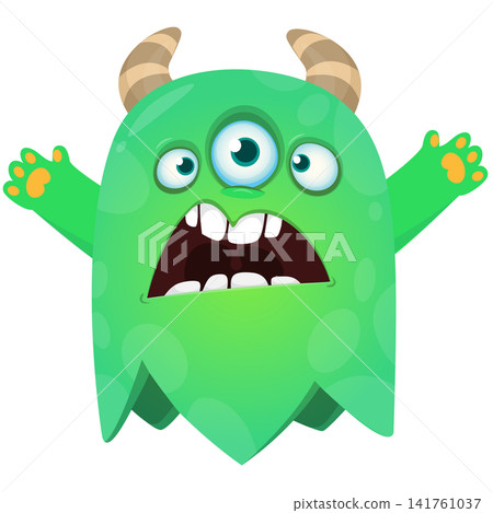 Cartoon cute and funny monster character design with scary face expression waving hands . Vector illustration. For Halloween party decoration or package design Cartoon cute and funny monster character design with scary face expression waving hands . Vector illustration. For Halloween party decoration or package design 141761037