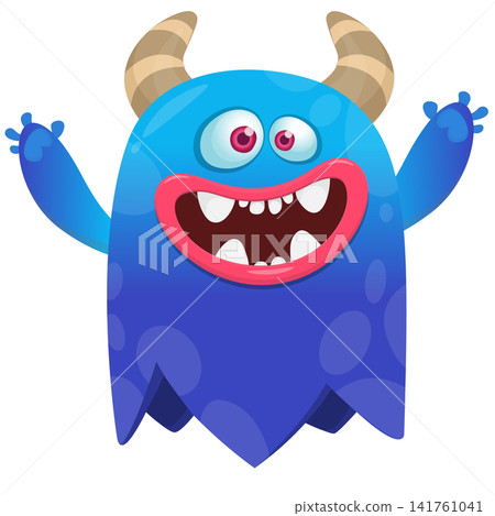 Cartoon cute and funny monster character design with scary face expression waving hands . Vector illustration. For Halloween party decoration or package design Cartoon cute and funny monster character design with scary face expression waving hands . Vector illustration. For Halloween party decoration or package design 141761041