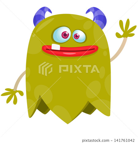 Cartoon cute and funny monster character design with scary face expression waving hands . Vector illustration. For Halloween party decoration or package design Cartoon cute and funny monster character design with scary face expression waving hands . Vector illustration. For Halloween party decoration or package design 141761042