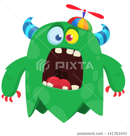 Cartoon cute and funny monster character design with scary face expression waving hands . Vector illustration. For Halloween party decoration or package design 141761043