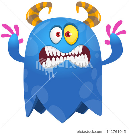 Cartoon cute and funny monster character design with scary face expression waving hands . Vector illustration. For Halloween party decoration or package design Cartoon cute and funny monster character design with scary face expression waving hands . Vector illustration. For Halloween party decoration or package design 141761045