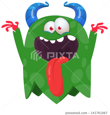 Cartoon cute and funny monster character design with scary face expression waving hands . Vector illustration. For Halloween party decoration or package design Cartoon cute and funny monster character design with scary face expression waving hands . Vector illustration. For Halloween party decoration or package design 141761067
