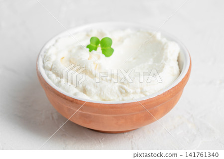 Fresh cream cheese in rustic bowl with microgreen garnish Fresh cream cheese in rustic bowl with microgreen garnish 141761340