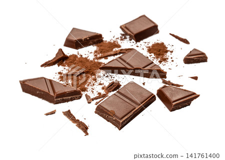 Broken Dark Chocolate Pieces with Cocoa Powder Isolated on White Background Broken Dark Chocolate Pieces with Cocoa Powder Isolated on White Background 141761400