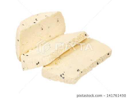 Soft Cheese with Black Cumin Slices Isolated on White Background Soft Cheese with Black Cumin Slices Isolated on White Background 141761430