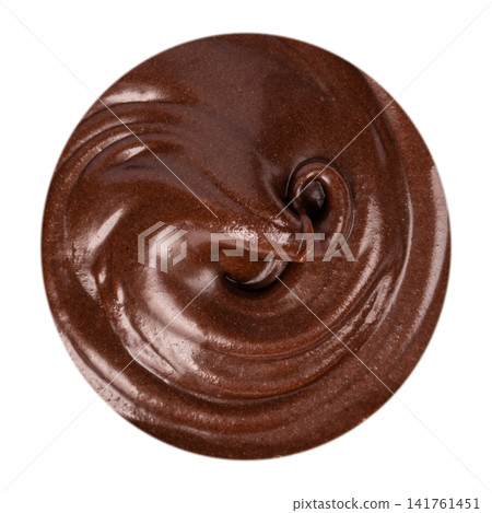 Round swirl of melted chocolate isolated on light background with glossy cocoa texture Round swirl of melted chocolate isolated on light background with glossy cocoa texture 141761451