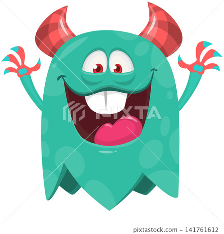 Cartoon cute and funny monster with scary face expression waving hands . Vector illustration isolated on white. For Halloween party decoration or package design Cartoon cute and funny monster with scary face expression waving hands . Vector illustration isolated on white. For Halloween party decoration or package design 141761612