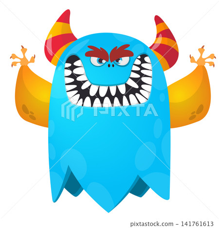 Cartoon cute and funny monster with scary face expression waving hands . Vector illustration isolated on white. For Halloween party decoration or package design 141761613