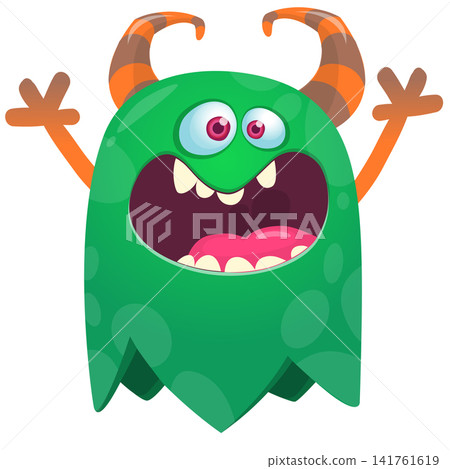 Cartoon cute and funny monster with scary face expression waving hands . Vector illustration isolated on white. For Halloween party decoration or package design 141761619